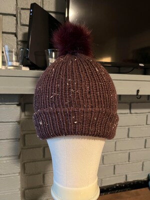 Hand Knit Classic Beanie with Faux Fur Pompom in Plum Tweed Size Medium - Large - image1